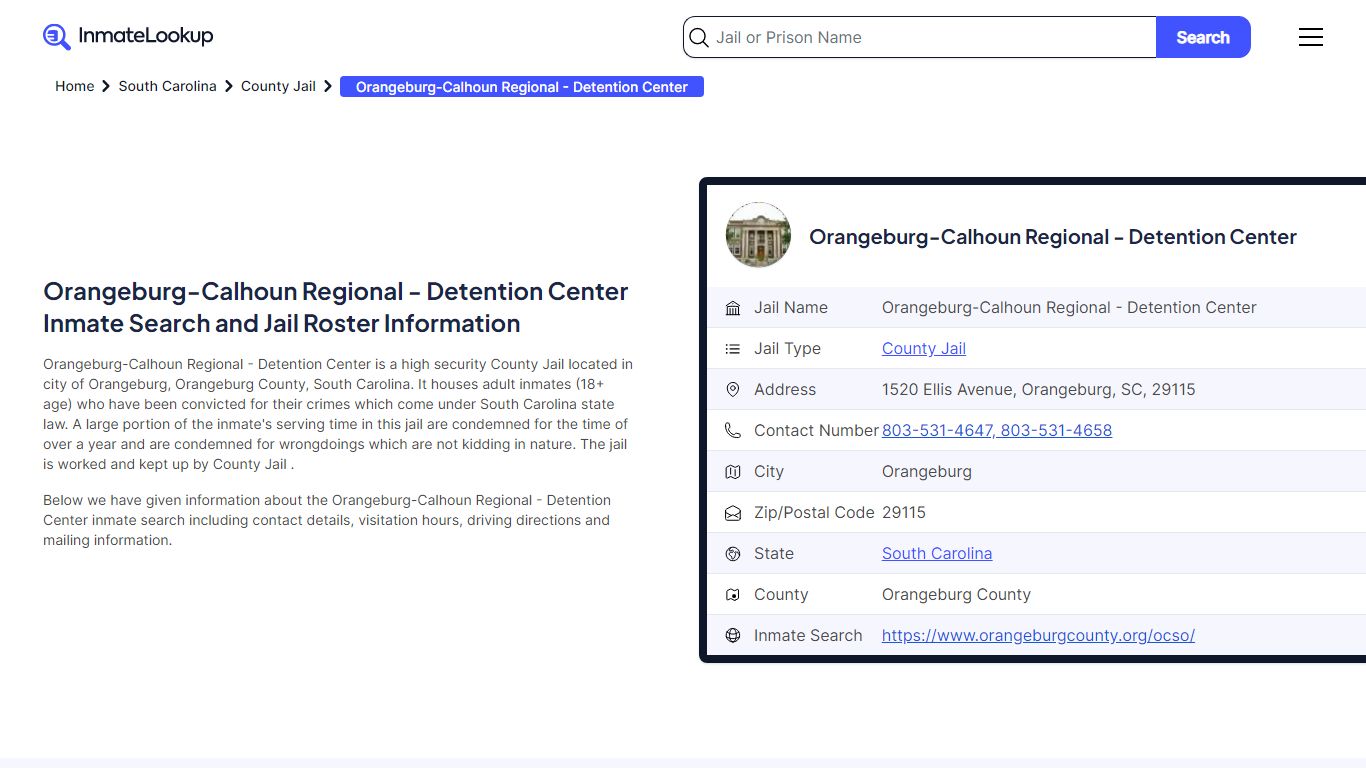 Orangeburg-Calhoun Regional - Detention Center Inmate Search, Jail ...